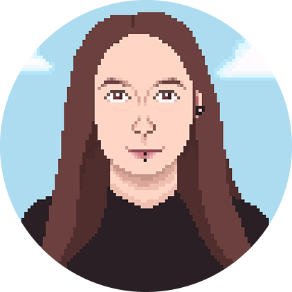 portét ženy s hnědými vlasy ve stylu pixelart, na pozadí je nebe